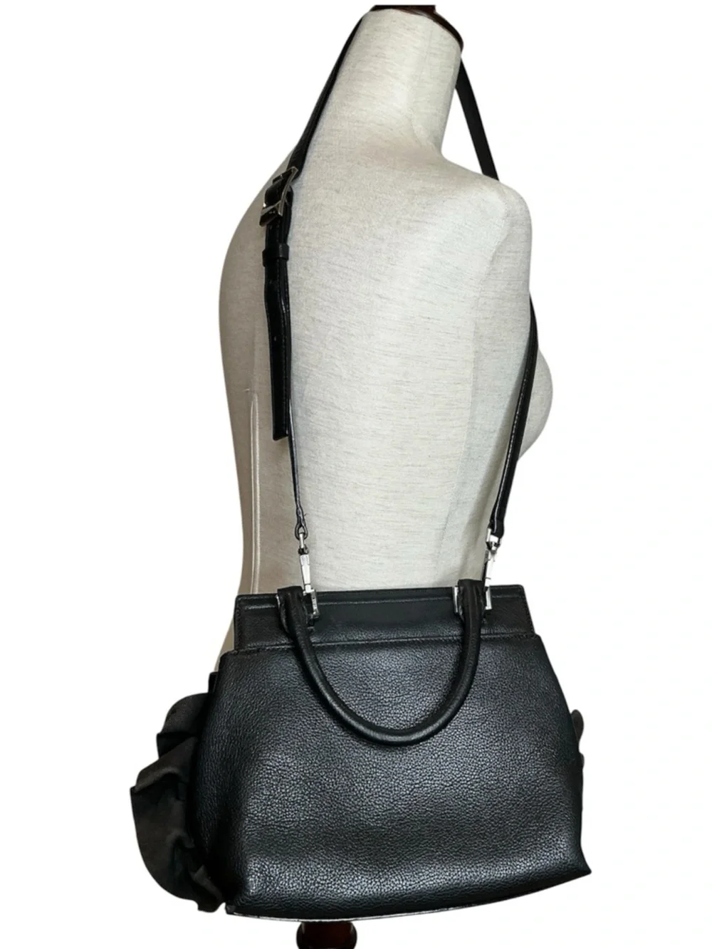 Decke Classic Black Leather Top-Handle Satchel Women Bags Velvet Ruffed Trim